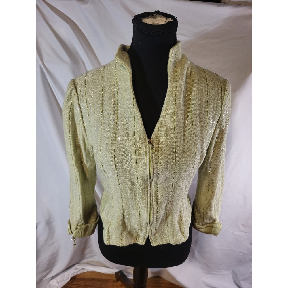 St John Evening Spring Green Sequin Zip Santana Knit Jacket Size 8